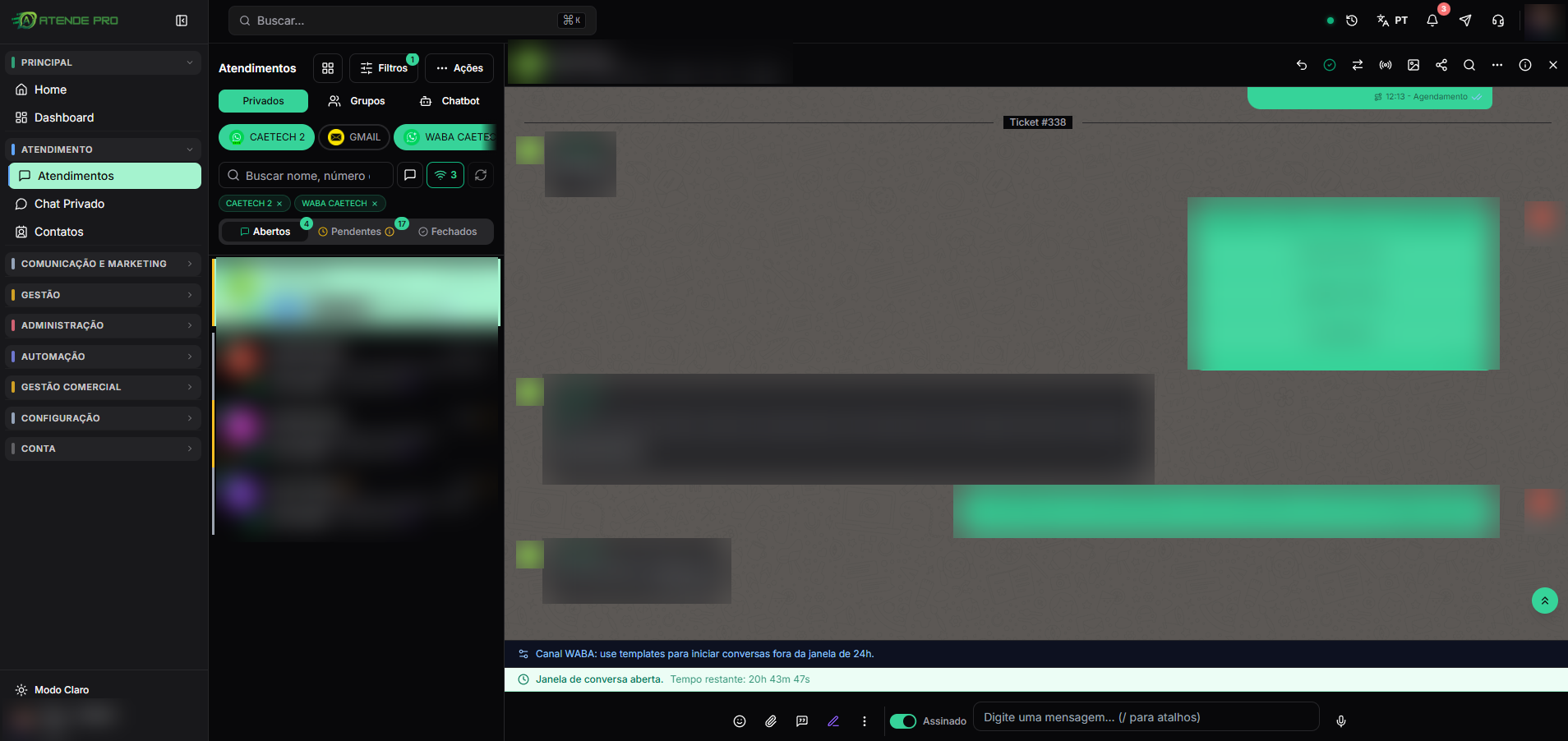 Tela de atendimentos do Atende Pro com chatbot em ação